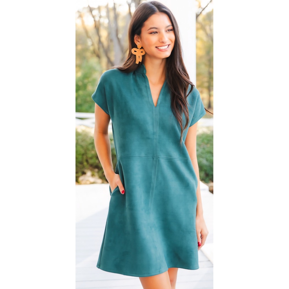THML Faux Suede Shift Dress Womens Large Teal NEW Ruffle Neck Pockets Mini